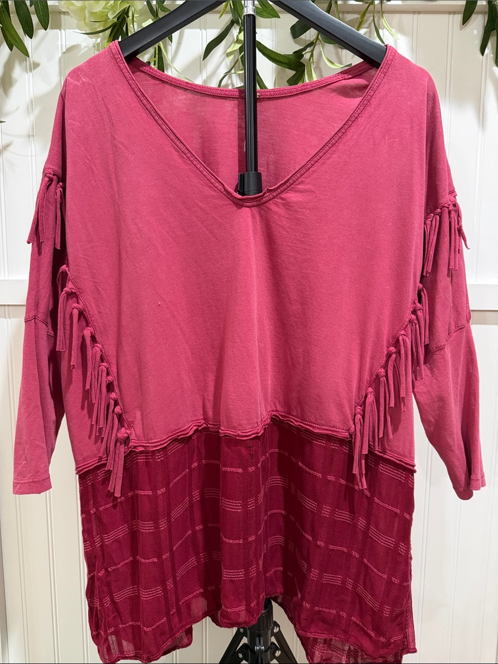 #1002 FREE PEOPLE Rose & Burgundy Tassel Fringe 3/4 Sleeve Tunic Top -